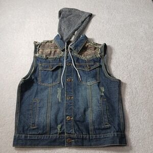 Carbon Distressed Denim Jean Vest W/gray Hood Womens XLarge Casual Style Button